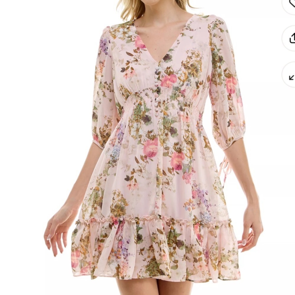 Taylor Pink Floral Chiffon Smocked Waist Ruffle Mini Dress Size 16 Romantic